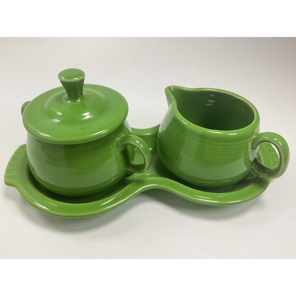 Vintage Fiestaware Lid Sugar and Creamer Tray Set Green Retired Homer Laughlin
